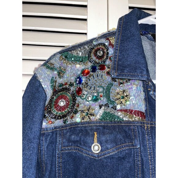 Vtg I. B. Diffusion Blue Denim Sequin Beaded Rockabilly Glam Rock SZ 8 Jacket - Picture 15 of 16